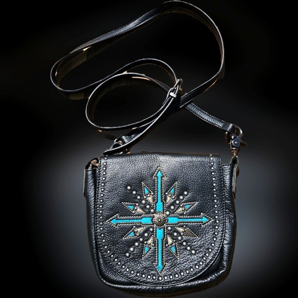 Black and Blue Embellished Studded Western Women's Crossbody Leather Bag Details - Picture 2 of 14